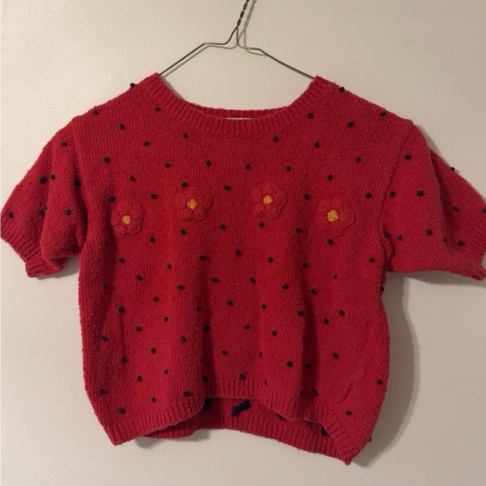 Vintage Carlisle Kids Red Cotton Knit Sweater Youth XL Floral Appliqué Polka Dot